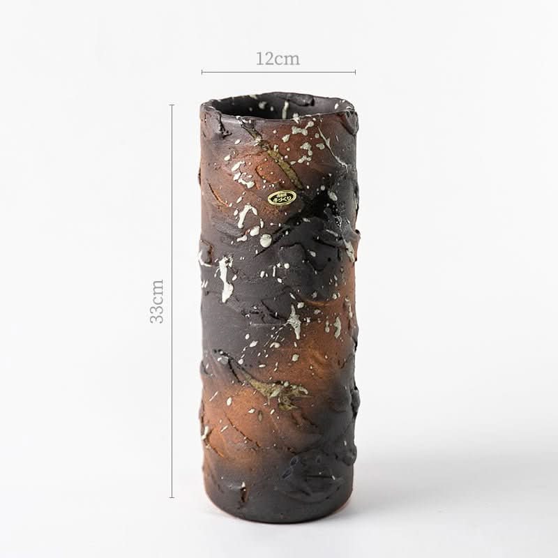 Japan imported Shigaraki ceramic flower arrangement, 33cm tall, rustic brown & black textured vase.